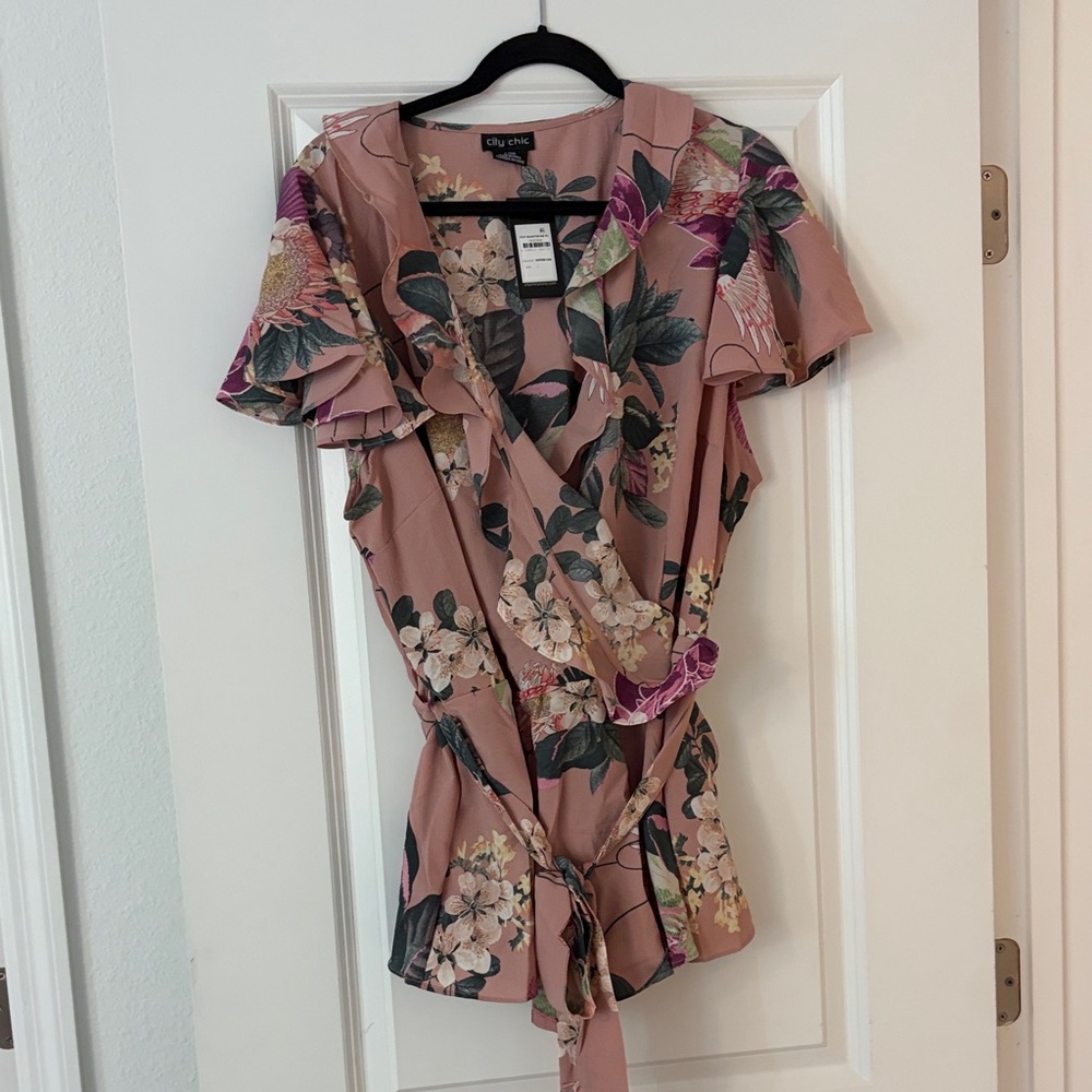 City Chic Floral Ruffle Blouse - Pink and Green Plus Size 20